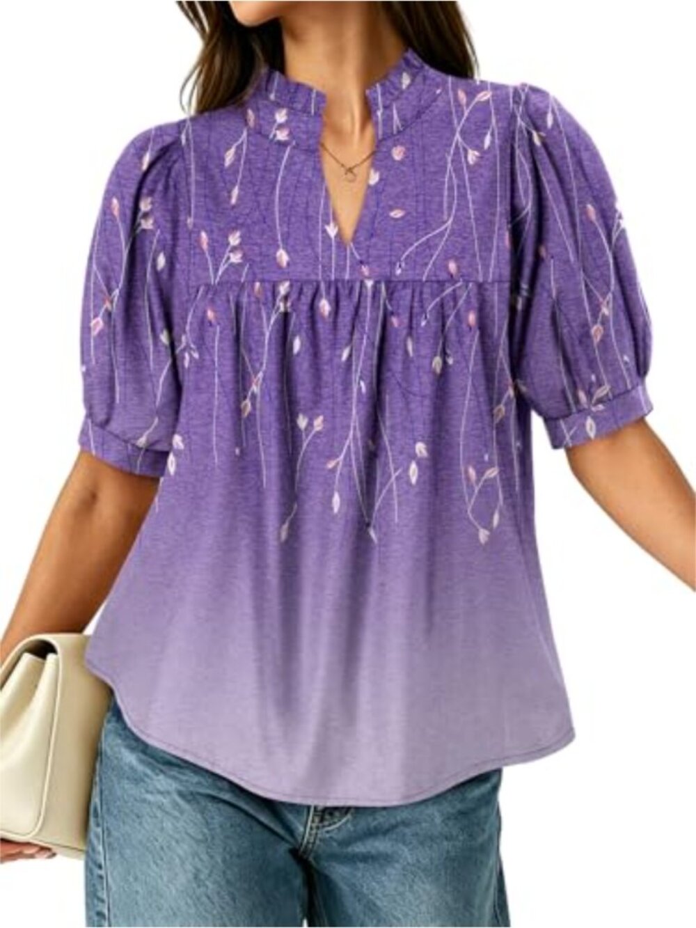Womens Puff Sleeve V Neck Blouse Peplum Babydoll Pleated Loose Fit Top